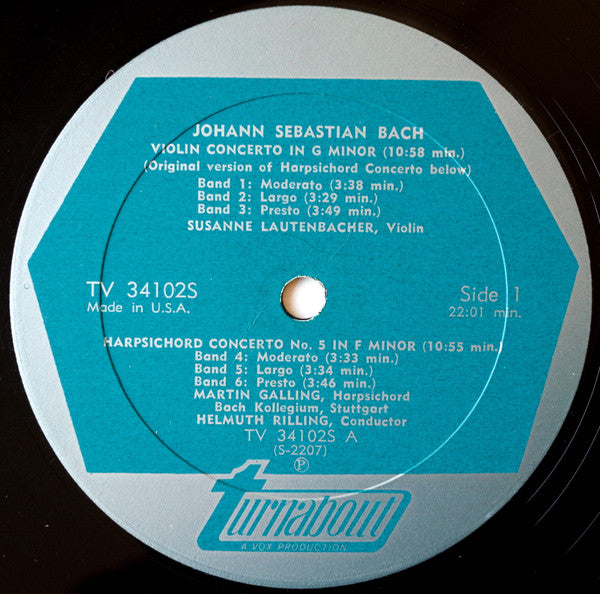 Johann Sebastian Bach, Susanne Lautenbacher, Martin Galling : Violin Concerto In G Minor / Harpsichord Concerto No. 5 In F Minor / Harpsichord Concerto No. 4 In A Major (LP, Album)