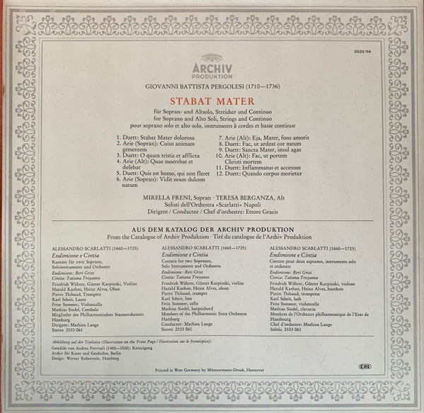 Giovanni Battista Pergolesi / Mirella Freni / Teresa Berganza, Solisti Dell'Orchestra "Scarlatti" Napoli, Ettore Gracis : Stabat Mater (LP, RP, Gat)