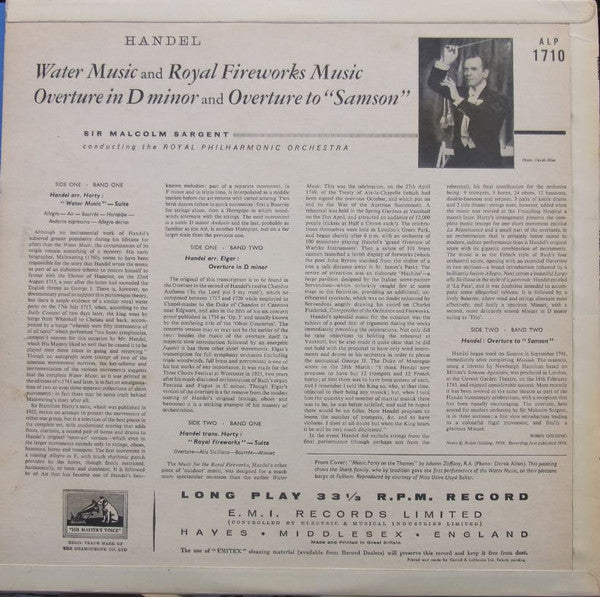 Georg Friedrich Händel, The Royal Philharmonic Orchestra, Sir Malcolm Sargent : Water Music & Royal Fireworks Music (LP, Album, Mono)