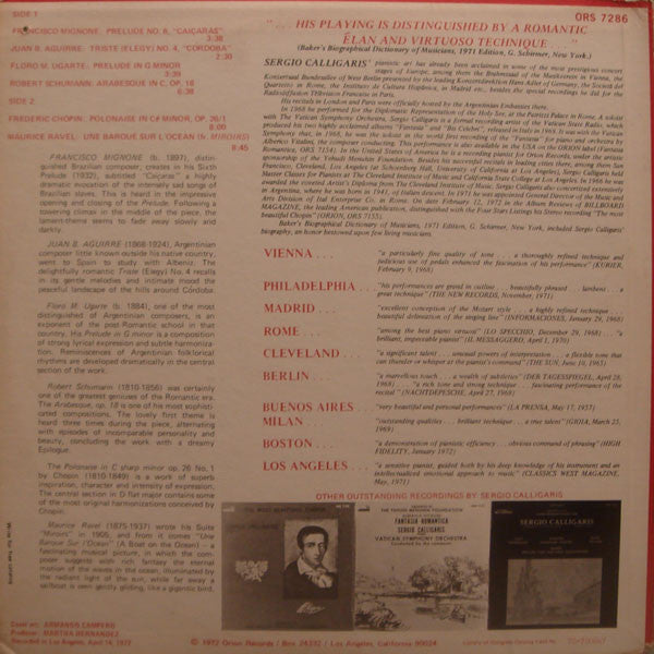 Francisco Mignone, Julian Aguirre, Floro Meliton Ugarte And Works By Frédéric Chopin, Maurice Ravel And Robert Schumann Played By Argentinian Virtuoso Sergio Calligaris : Piano Music Of Latin America (LP, Album)