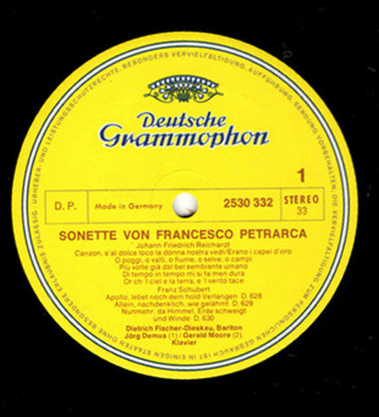 Francesco Petrarca, Johann Friedrich Reichardt · Franz Schubert · Franz Liszt · Hans Pfitzner - Dietrich Fischer-Dieskau, Jörg Demus · Gerald Moore : Sonette (LP)