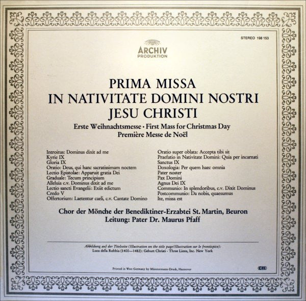 Chor Der Mönche Der Benediktiner-Erzabtei St. Martin, Beuron - Leitung: Pater Maurus Pfaff : Prima Missa In Nativitate Domini Nostri Jesu Christi = Erste Weihnachtsmesse = First Mass For Christmas Day = Première Messe De Noël (LP, RE, Gat)