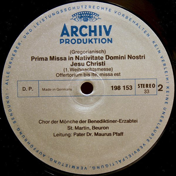 Chor Der Mönche Der Benediktiner-Erzabtei St. Martin, Beuron - Leitung: Pater Maurus Pfaff : Prima Missa In Nativitate Domini Nostri Jesu Christi = Erste Weihnachtsmesse = First Mass For Christmas Day = Première Messe De Noël (LP, RE, Gat)