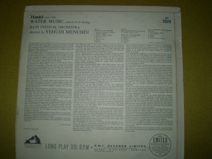 Georg Friedrich Händel, Bath Festival Orchestra Conducted By Yehudi Menuhin : Water Music (Complete) (LP, Mono)