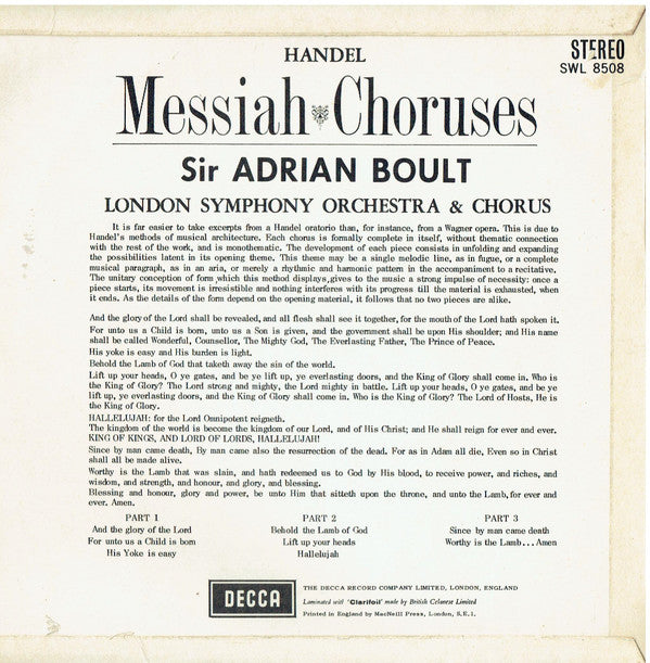 Georg Friedrich Händel - London Symphony Chorus & The London Symphony Orchestra, Sir Adrian Boult : Messiah Choruses (10", Album)