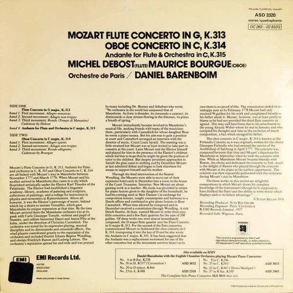 Wolfgang Amadeus Mozart - Michel Debost, Maurice Bourgue, Daniel Barenboim, Orchestre De Paris : Flute Concerto In G, K. 313; Oboe Concerto In C, K. 314; Andante For Flute & Orchestra In C, K. 315 (LP, Quad)