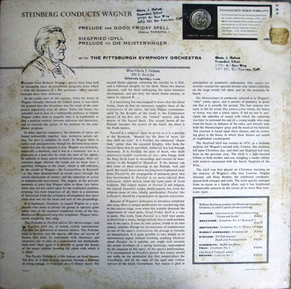 William Steinberg Conducts Richard Wagner, The Pittsburgh Symphony Orchestra : Steinberg Conducts Wagner (LP, Album, Mono)