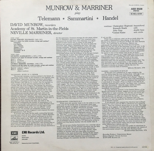 David Munrow, The Academy Of St. Martin-in-the-Fields, Sir Neville Marriner / Georg Philipp Telemann, Giuseppe Sammartini, Georg Friedrich Händel : Munrow & Marriner (LP, Album)