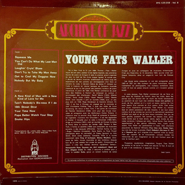 Fats Waller : Archive Of Jazz Volume 8 - Young Fats Waller (LP, Comp, RE)