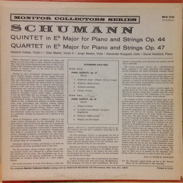 Robert Schumann : Quintet For Piano & Strings, Op. 44 / Quartet For Piano & Strings, Op. 47 (LP)