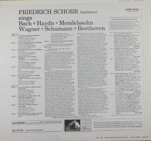 Friedrich Schorr, Johann Sebastian Bach, Joseph Haydn, Felix Mendelssohn-Bartholdy, Ludwig van Beethoven, Richard Wagner, Robert Schumann : Sings Wagner..... And Arias From.... (LP, Mono)