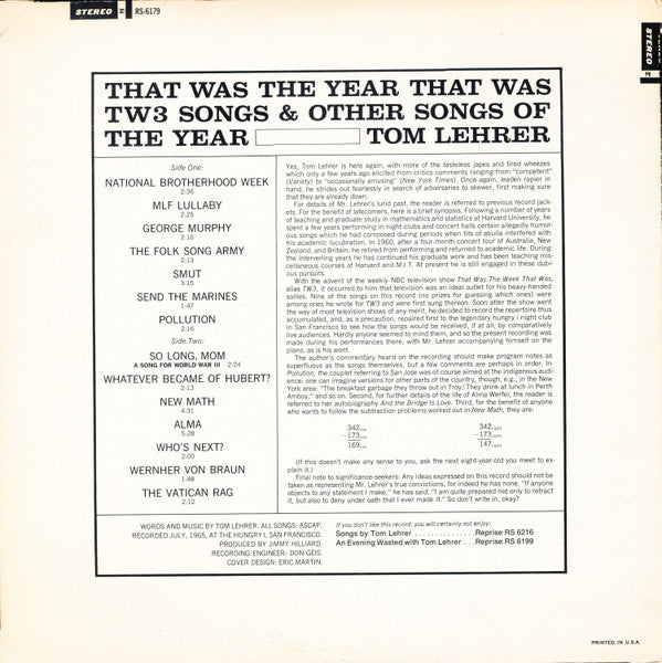 Tom Lehrer : That Was The Year That Was (LP, Album, RE)