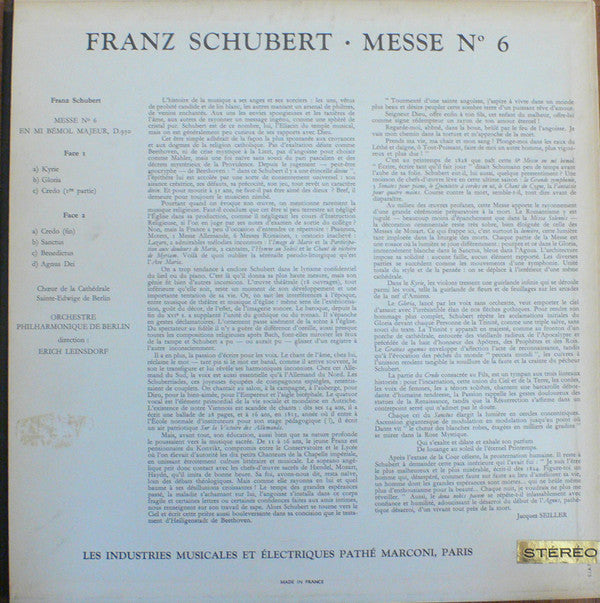 Franz Schubert - Chor Der St. Hedwigs-Kathedrale Berlin, Berliner Philharmoniker, Erich Leinsdorf : Messe En Mi Bémol (LP)