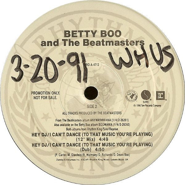 Betty Boo & The Beatmasters : Hey DJ / I Can't Dance (To That Music You're Playing) (12", Promo)