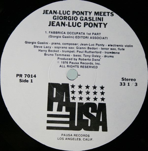 Jean-Luc Ponty With Giorgio Gaslini / Steve Lacy / Harry Beckett / Tony Oxley / Gianni Bedori / Bruno Tommaso / Paul Rutherford (2) : Jean-Luc Ponty Meets Giorgio Gaslini (LP, Album)