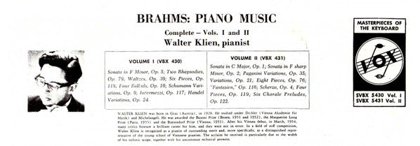 Johannes Brahms, Walter Klien : Piano Music (Complete) Volume I (Box, Comp + 3xLP)