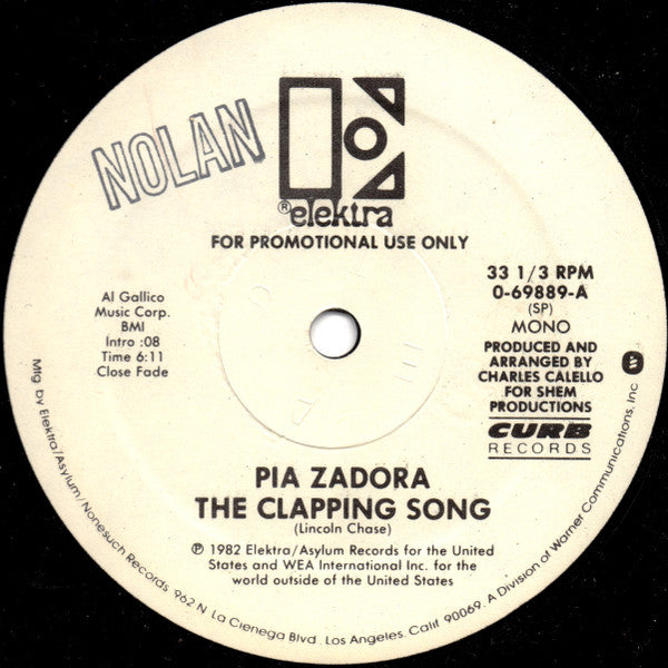 Pia Zadora : The Clapping Song (12", Single, Promo)