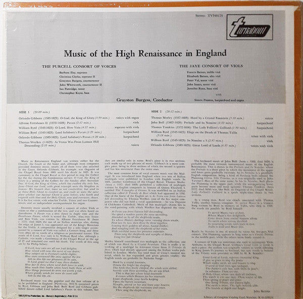 Various : Music Of The High Renaissance In England (LP, Album)