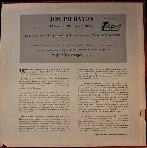 Joseph Haydn, Hans Gillesberger : Missa In Tempore Belli (Mass In Time Of War) (LP)