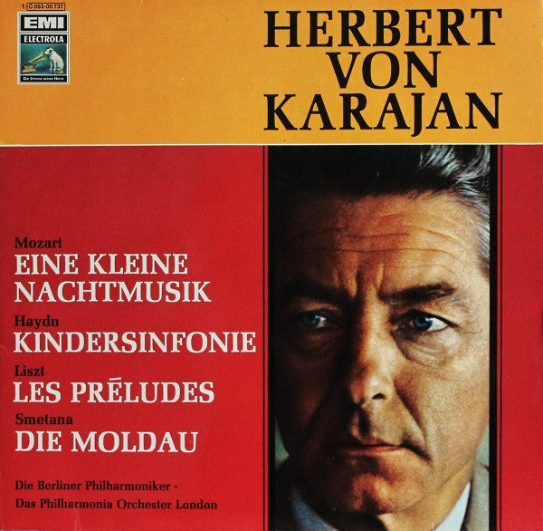 Herbert von Karajan — Wolfgang Amadeus Mozart / Joseph Haydn / Franz Liszt / Bedřich Smetana — Berliner Philharmoniker · Philharmonia Orchestra : Eine Kleine Nachtmusik / Kindersinfonie / Les Préludes / Die Moldau (LP, Comp, RE)