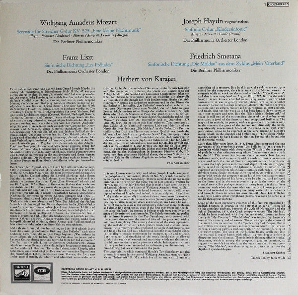 Herbert von Karajan — Wolfgang Amadeus Mozart / Joseph Haydn / Franz Liszt / Bedřich Smetana — Berliner Philharmoniker · Philharmonia Orchestra : Eine Kleine Nachtmusik / Kindersinfonie / Les Préludes / Die Moldau (LP, Comp, RE)