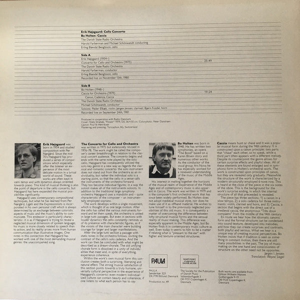 Erik Højsgaard, Bo Holten, Danmarks Radios Symfoniorkester, Harold Farberman, Michael Schønwandt, Erling Bløndal Bengtsson : Concerto for Cello and Orchestra / Caccia (LP, Album)