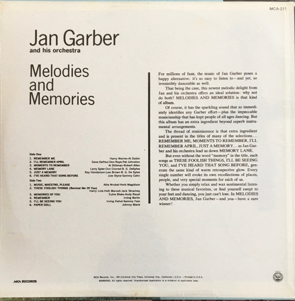 Jan Garber And His Orchestra : Melodies And Memories (LP, Album, RE)