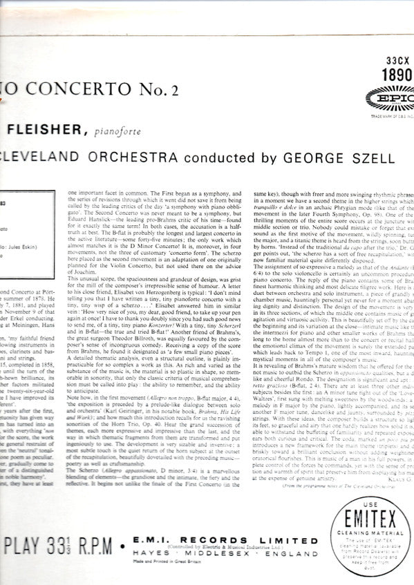 Leon Fleisher with George Szell and The Cleveland Orchestra / Johannes Brahms : Piano Concerto No. 2 In B-Flat Major (LP, Album, Mono)