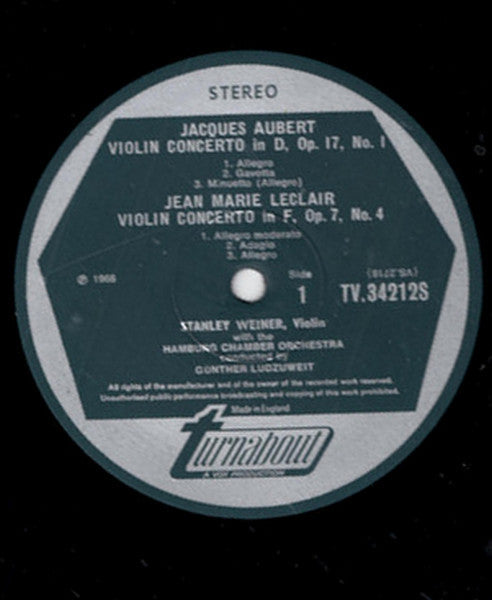 Jacques Aubert (2) / Jean-Marie Leclair, Stanley Weiner, Hamburger Kammerorchester, Günther Ludzuweit : Violin Concerti From 18th Century France (LP)