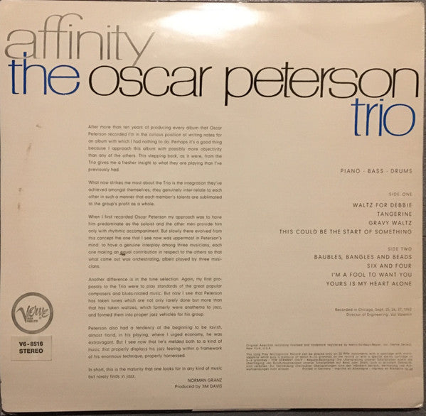 The Oscar Peterson Trio : Affinity (LP, Album, RE)