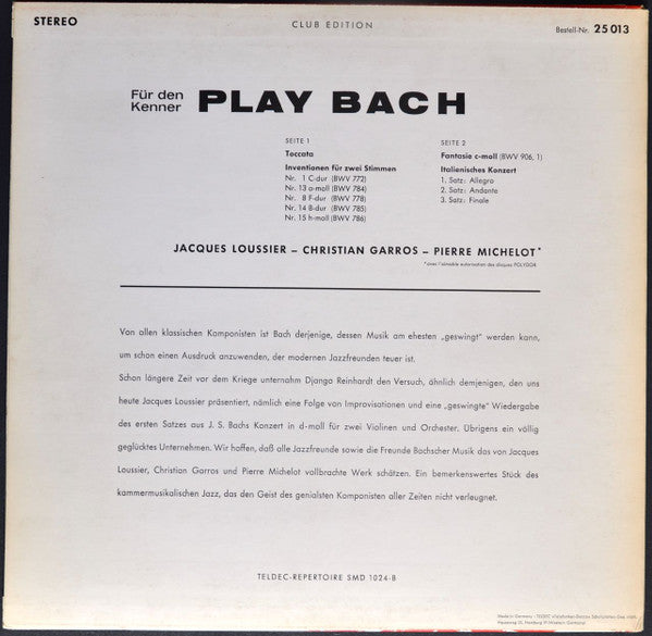 Jacques Loussier, Christian Garros, Pierre Michelot : Für Den Kenner - Play Bach (LP, Club)