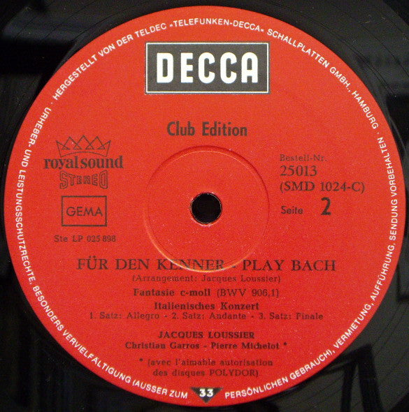 Jacques Loussier, Christian Garros, Pierre Michelot : Für Den Kenner - Play Bach (LP, Club)