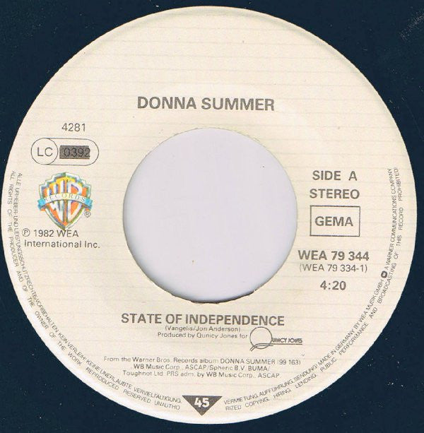 Donna Summer : State Of Independence (7", Single)