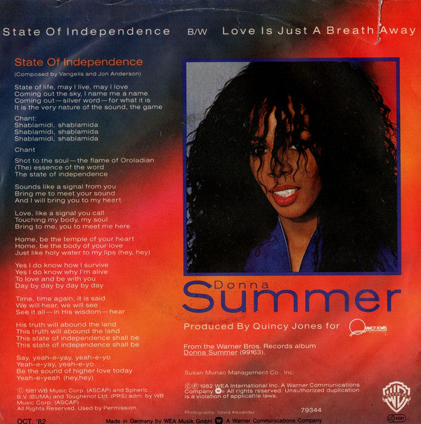 Donna Summer : State Of Independence (7", Single)