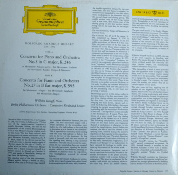 Wolfgang Amadeus Mozart - Wilhelm Kempff / Berliner Philharmoniker / Ferdinand Leitner : Concerto For Piano And Orchestra No.8 In C Major, K.246  And No.27 In B Flat Major, K.595 (LP, Mono, Alb)