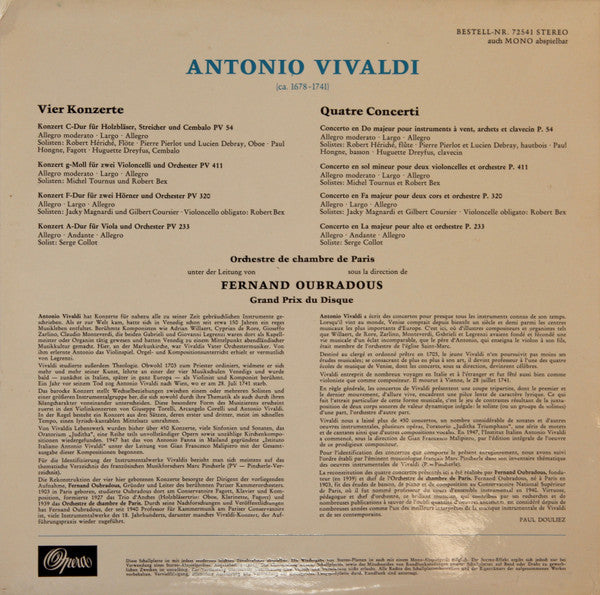 Antonio Vivaldi - Orchestre de Chambre Fernand Oubradous, Fernand Oubradous : Quatre Concerti (LP, Club)