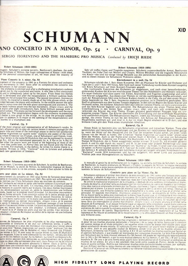 Robert Schumann / Sergio Fiorentino, The Hamburg Pro Musica Conducted By Erich Riede : Piano Concerto In A Minor Opus 54 / Carnival Opus 9 (LP, Album)