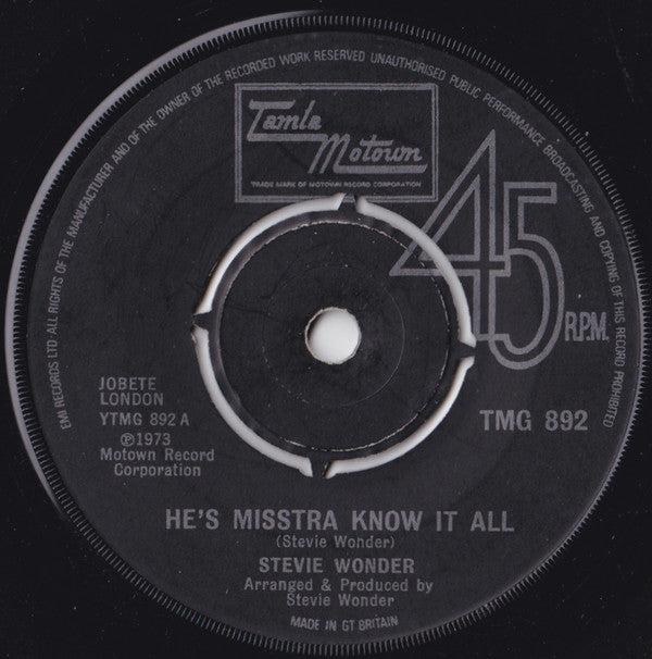 Stevie Wonder : He's Misstra Know It All (7", Single, 4-P)