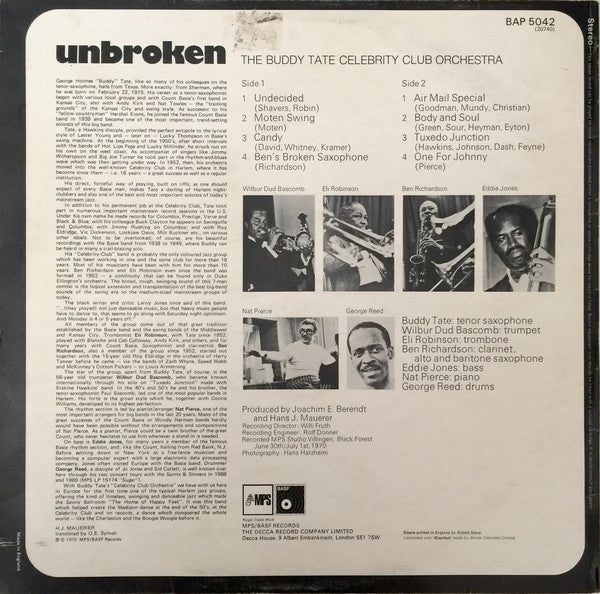 The Buddy Tate Celebrity Club Orchestra : Unbroken (LP, Album)