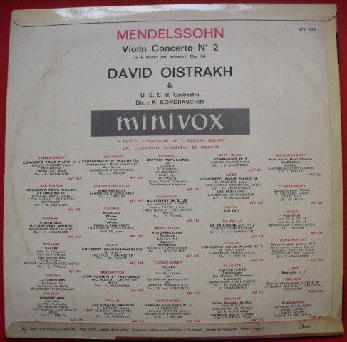 David Oistrach / Felix Mendelssohn-Bartholdy : Violin Concerto No. 2 (10", Album)