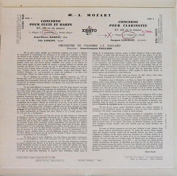 Wolfgang Amadeus Mozart / Jean-Pierre Rampal & Lily Laskine - Jacques Lancelot - Orchestre De Chambre Jean-François Paillard : Concerto Pour Flûte & Harpe En Do Majeur KV 299 / Concerto Pour Clarinette En La Majeur KV 622 (LP, RE)