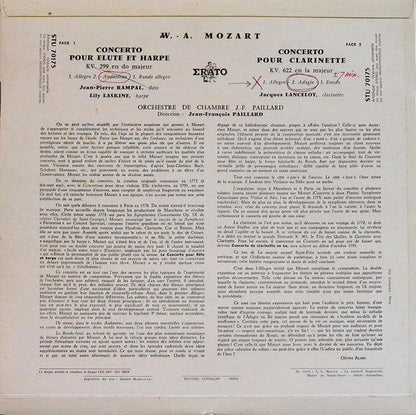 Wolfgang Amadeus Mozart / Jean-Pierre Rampal & Lily Laskine - Jacques Lancelot - Orchestre De Chambre Jean-François Paillard : Concerto Pour Flûte & Harpe En Do Majeur KV 299 / Concerto Pour Clarinette En La Majeur KV 622 (LP, RE)