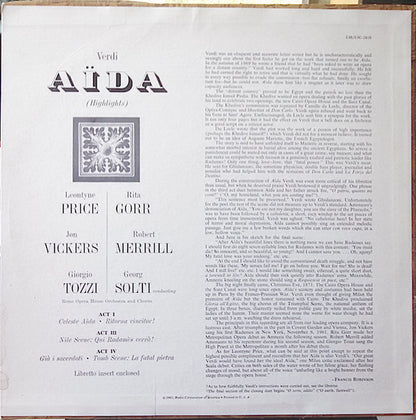 Giuseppe Verdi, Leontyne Price, Jon Vickers, Rita Gorr, Robert Merrill, Giorgio Tozzi, Orchestra Del Teatro Dell'Opera Di Roma And Coro Del Teatro Dell'Opera Di Roma, Georg Solti : Aïda Highlights (LP, Mono)