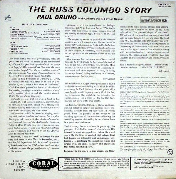 Paul Bruno (2) : The Russ Columbo Story (LP, Album, Mono)