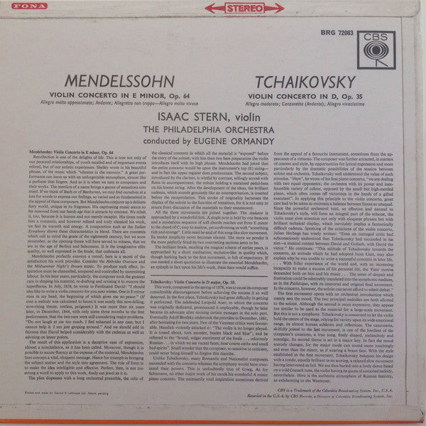 Isaac Stern, Eugene Ormandy, The Philadelphia Orchestra, Pyotr Ilyich Tchaikovsky, Felix Mendelssohn-Bartholdy : Violin Concerto In D Major /  Violin Concerto In E Minor (LP)