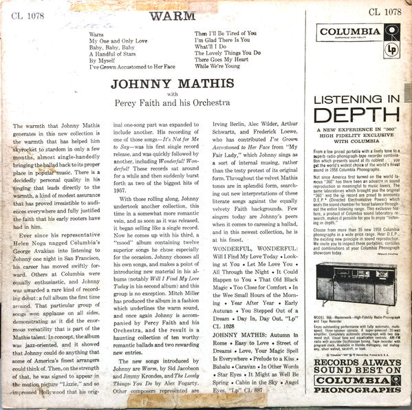 Johnny Mathis With Percy Faith & His Orchestra : Warm (LP, Album, Mono)