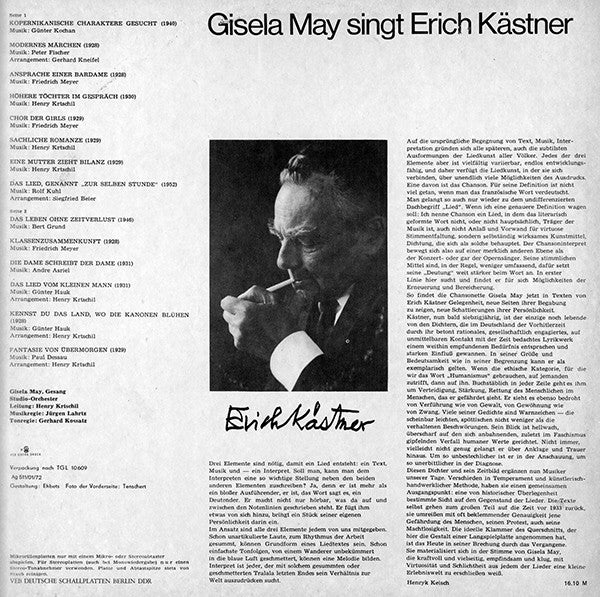 Gisela May : Gisela May Singt Erich Kästner (LP, Album, RE)