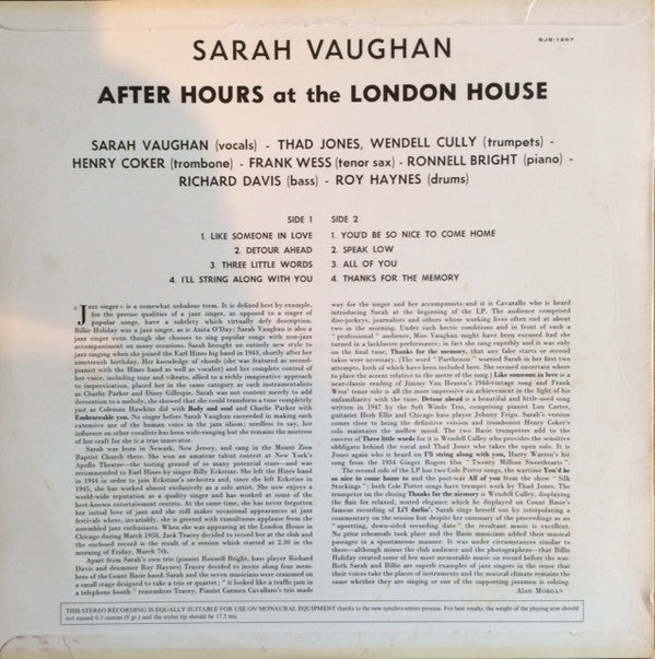 Sarah Vaughan : After Hours At The London House (LP, Album, RE)