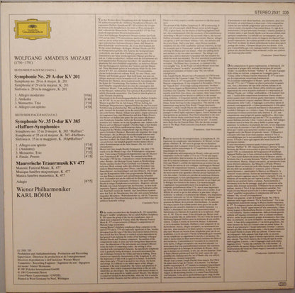 Wolfgang Amadeus Mozart – Wiener Philharmoniker · Karl Böhm : Symphonien No. 29 · No. 35 “Haffner” / Maurerische Trauermusik · Masonic Funeral Music (LP)