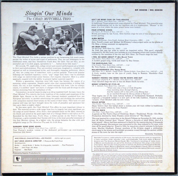 The Chad Mitchell Trio : Singin' Our Mind (LP, Album, Mono, Ric)